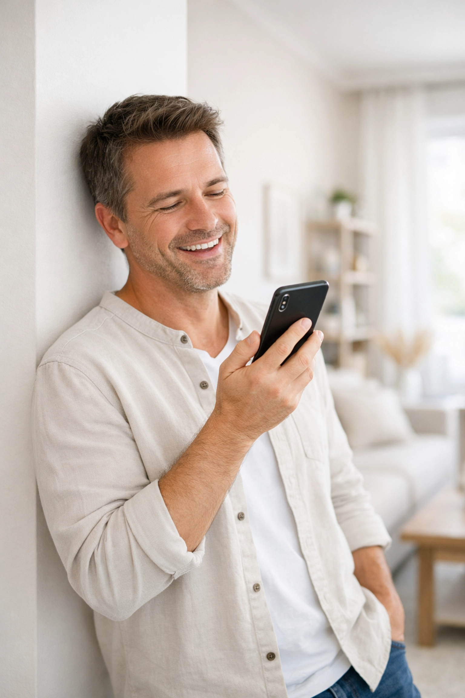 Satisfied homeowner using mobile click-to-call to contact a local service provider.