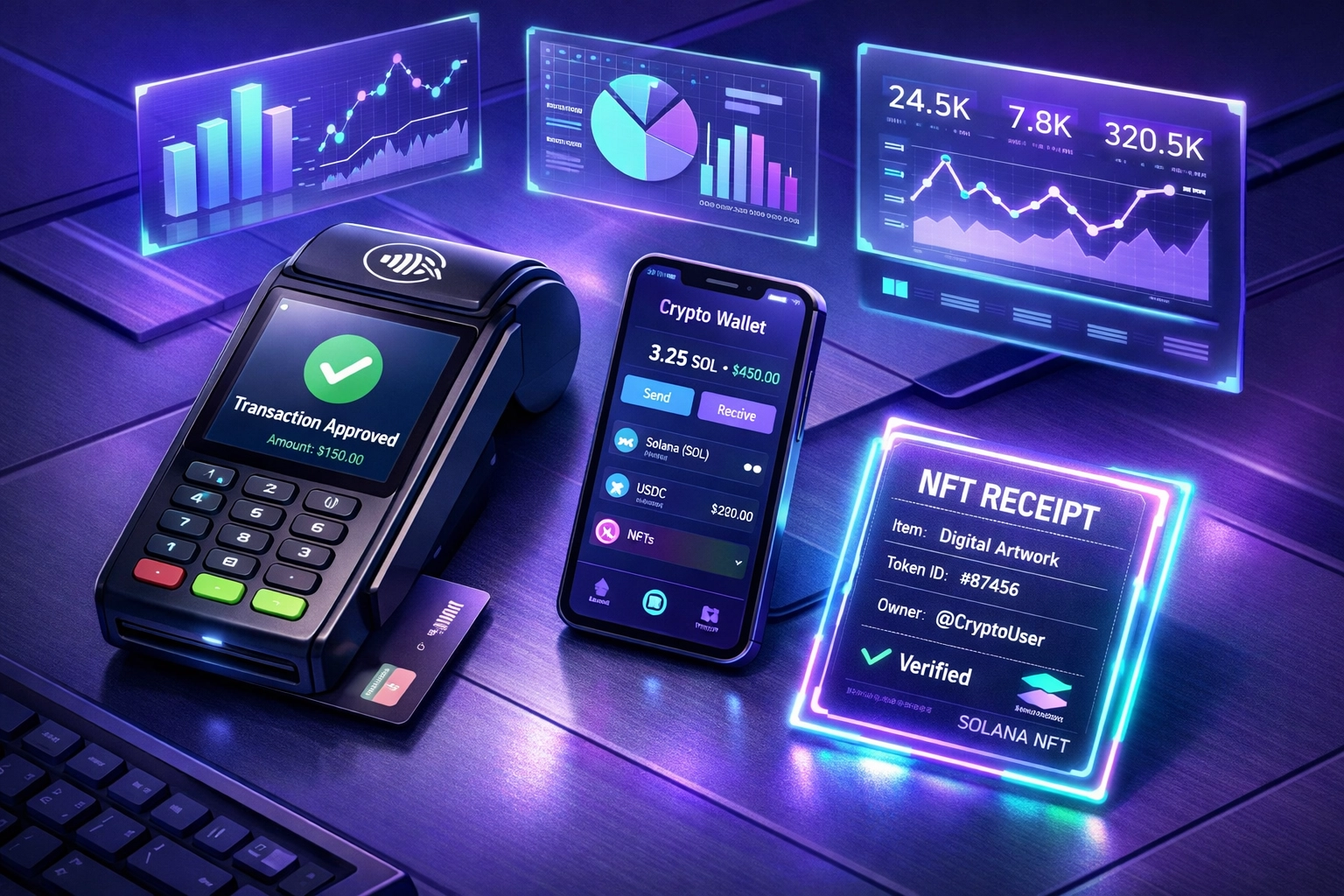 Larecoin crypto POS terminal with merchant analytics dashboard and NFT receipt technology