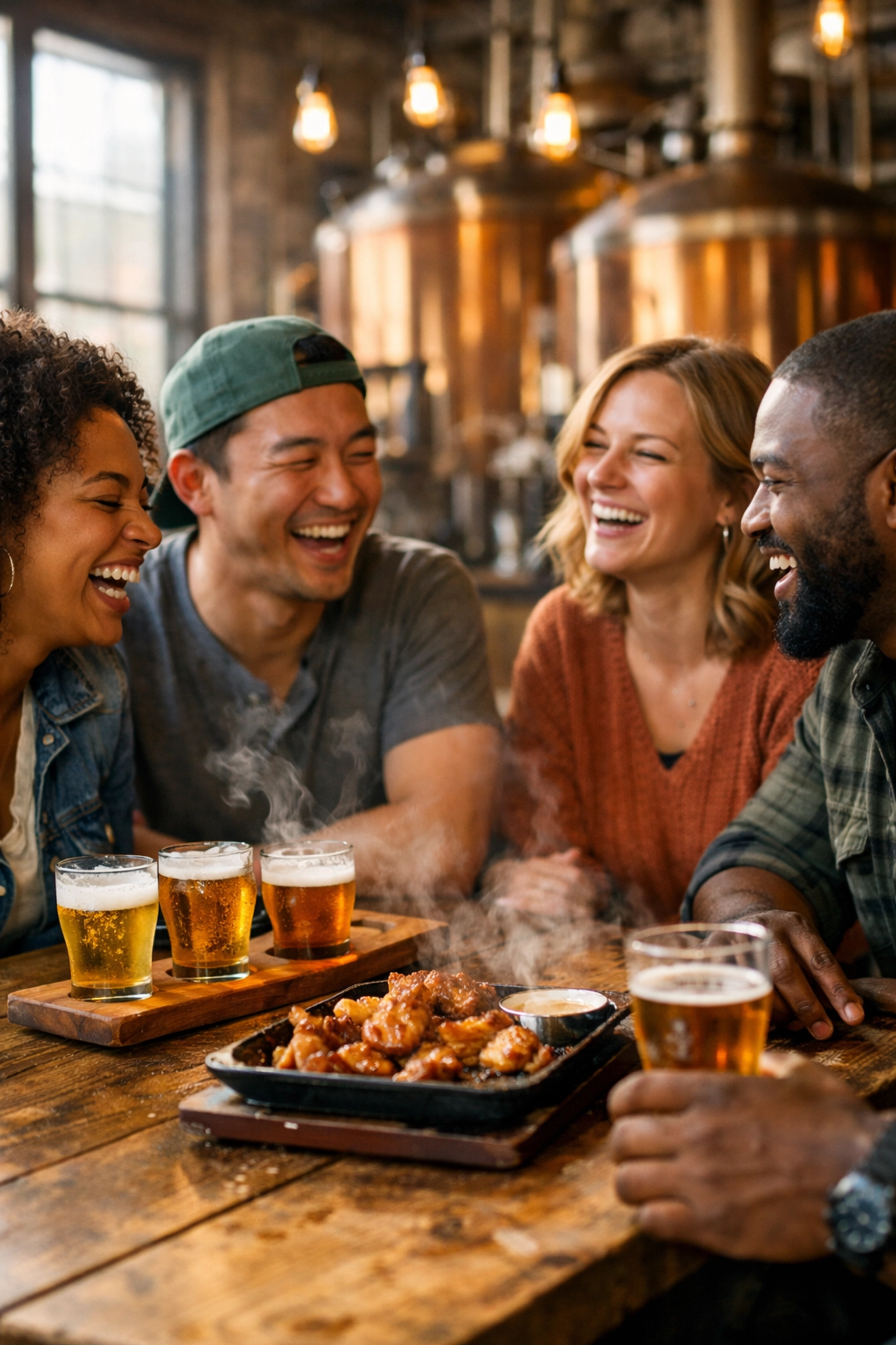 Candid photo of friends at a rustic Williamsburg brewery, showcasing authentic storytelling in travel photography.
