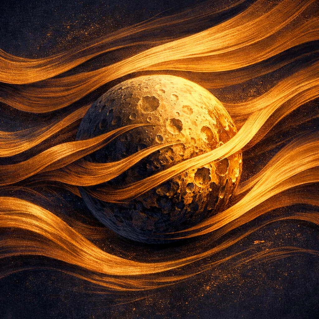 Abstract moon shaped by amber sound waves illustrating the immersive world-building of Song in Space.