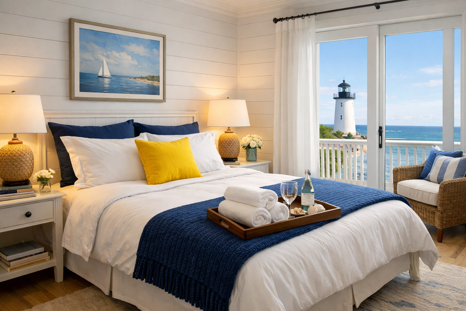 Staged luxury bedroom in a Provincetown vacation rental after a professional turnover cleaning service.