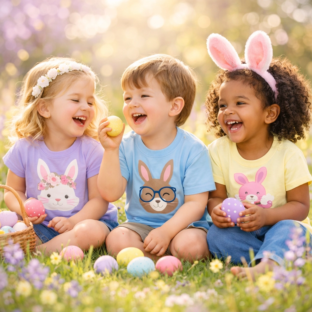 Children wearing personalized Easter t-shirts with bunny designs in spring meadow