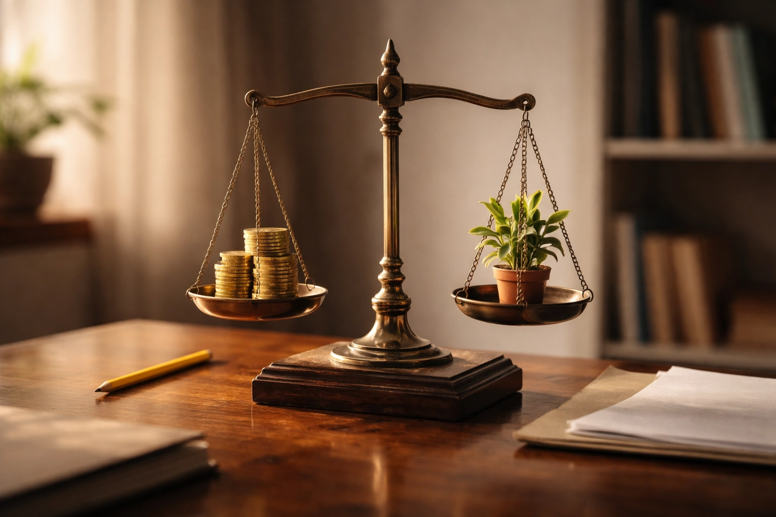 A brass balance scale representing finding the right balance between MSP profitability and business reinvestment.