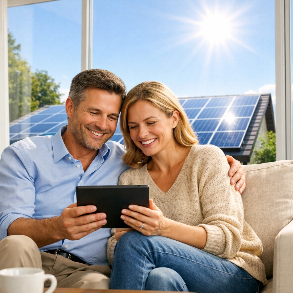 Homeowners viewing their solar savings on a tablet with professional solar panels installed on the roof.