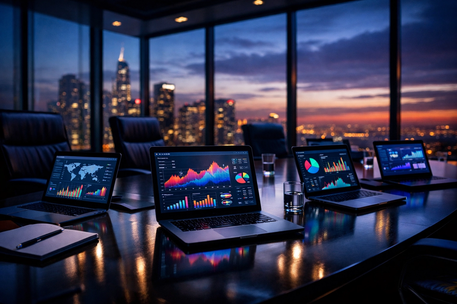 CMOs reviewing Super Bowl ROI data and marketing analytics on laptops in corporate boardroom