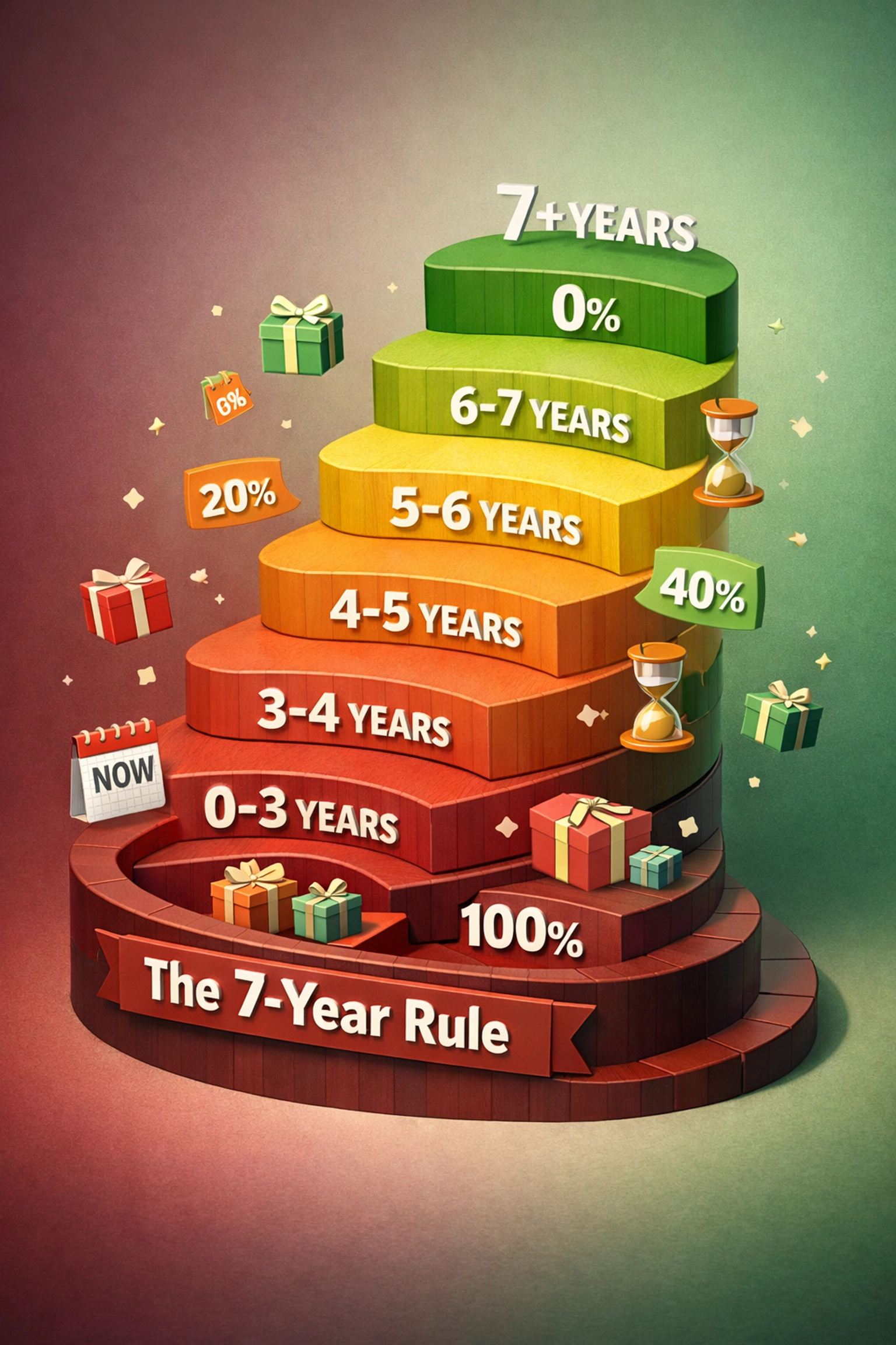 Inheritance tax 7-year rule timeline showing taper relief rates for lifetime gifts