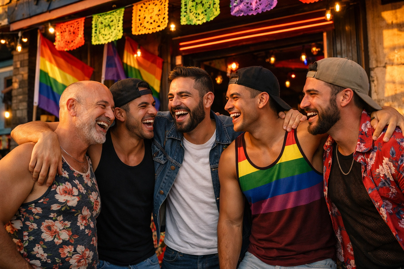 LGBTQ+ friends celebrating outside gay bar in Tijuana's queer community