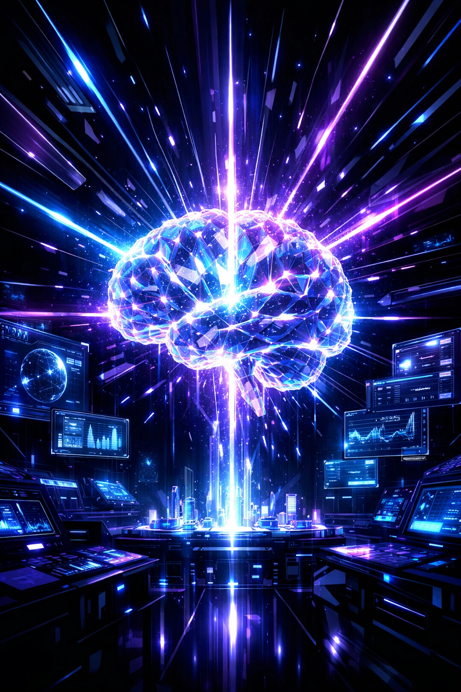 A glowing digital brain core highlighting AI training workshops and corporate readiness at LoudMindAI.