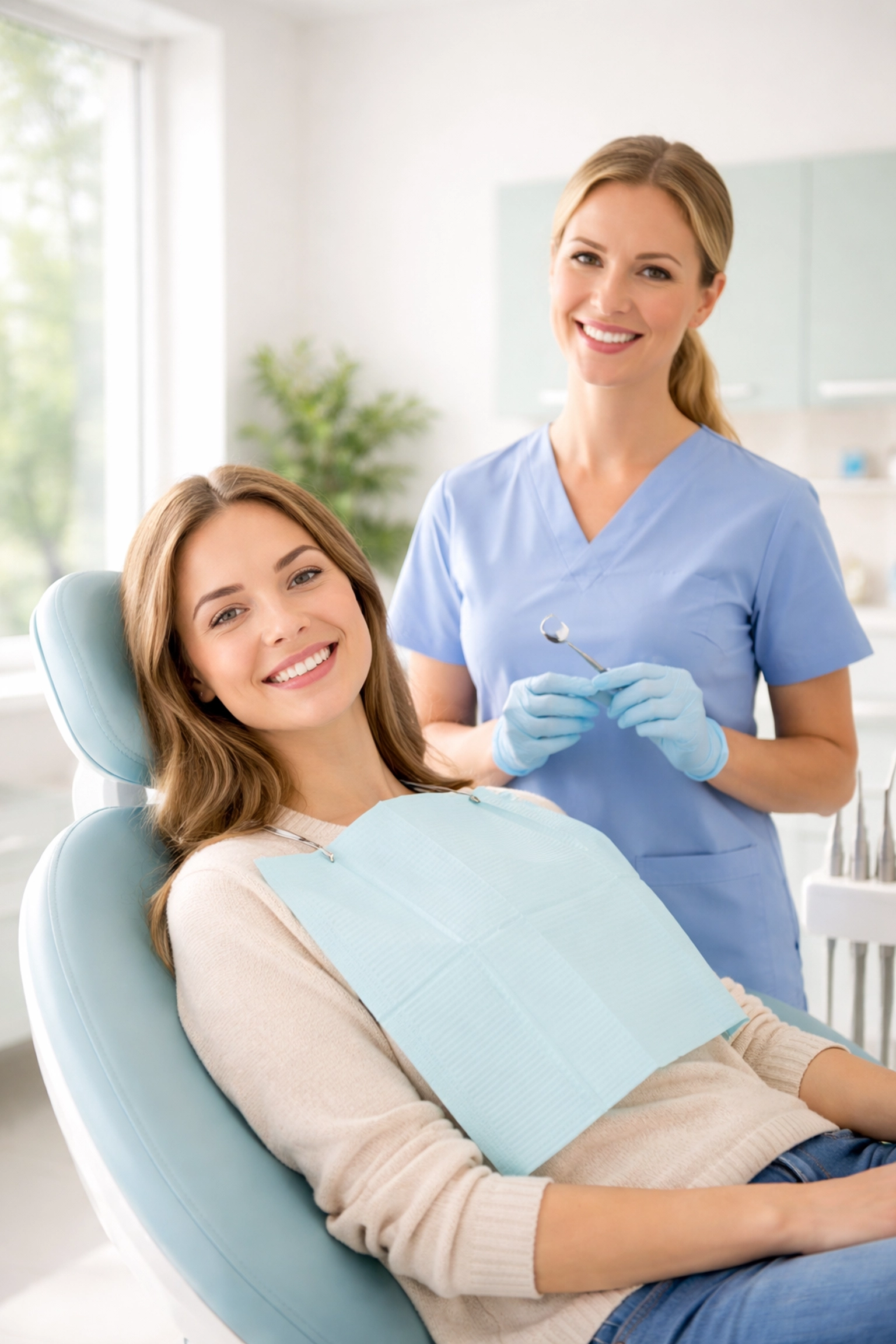 Young woman receiving a preventive dental checkup and cleaning, showcasing covered dental insurance benefits.