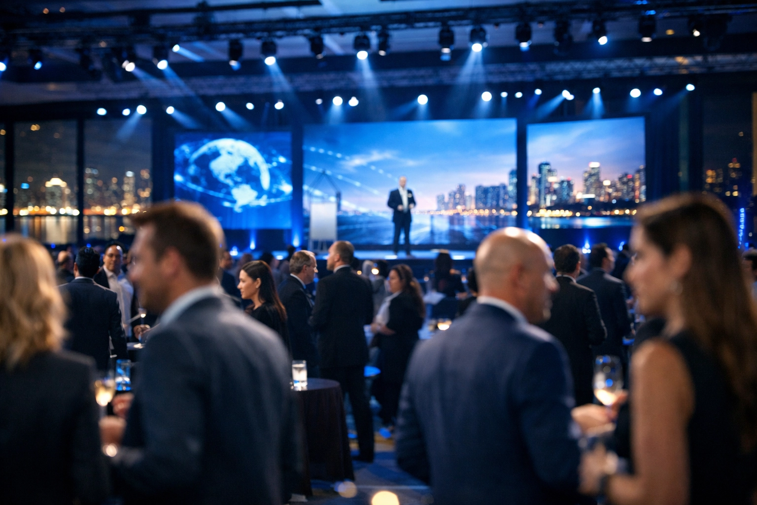 A corporate event photographer capturing a high-tech conference at a Miami waterfront venue.