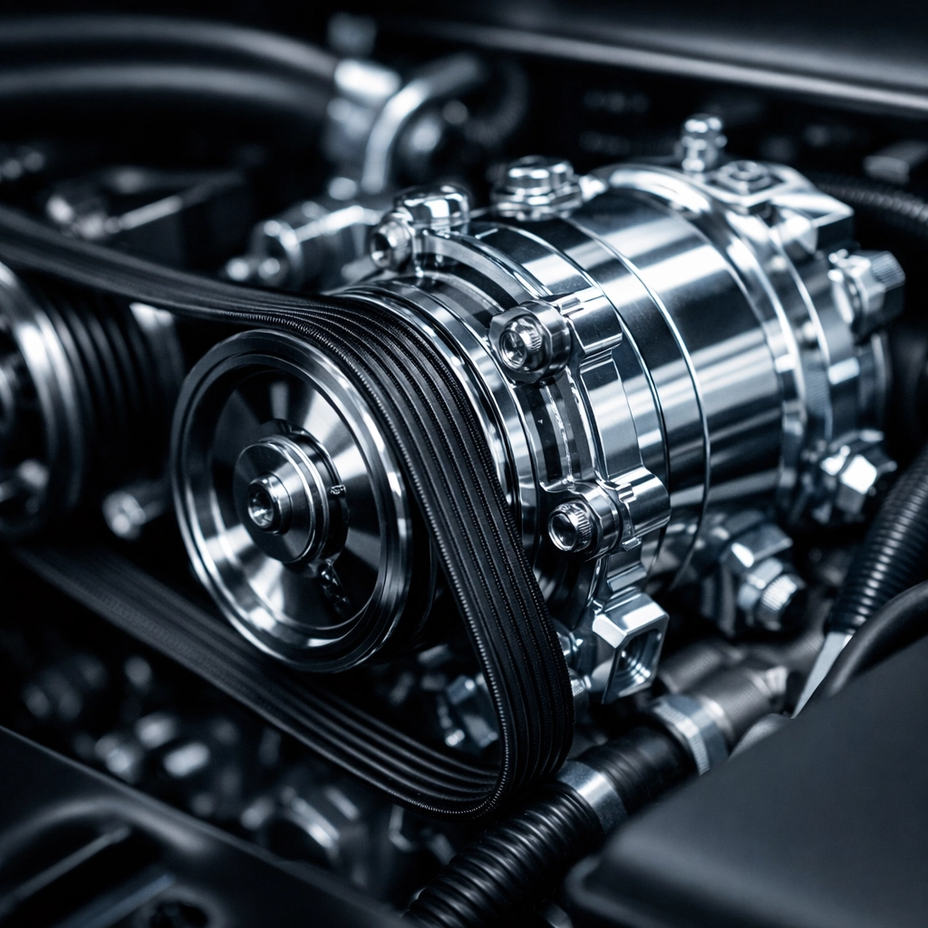 Detailed view of a vehicle A/C compressor and serpentine belt needing expert diagnostic repair.