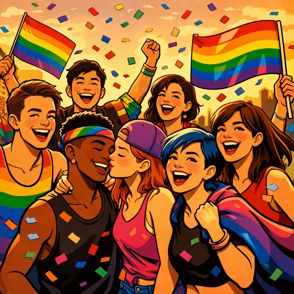 LGBTQ+ young people celebrating at pride parade with rainbow flags showing community acceptance