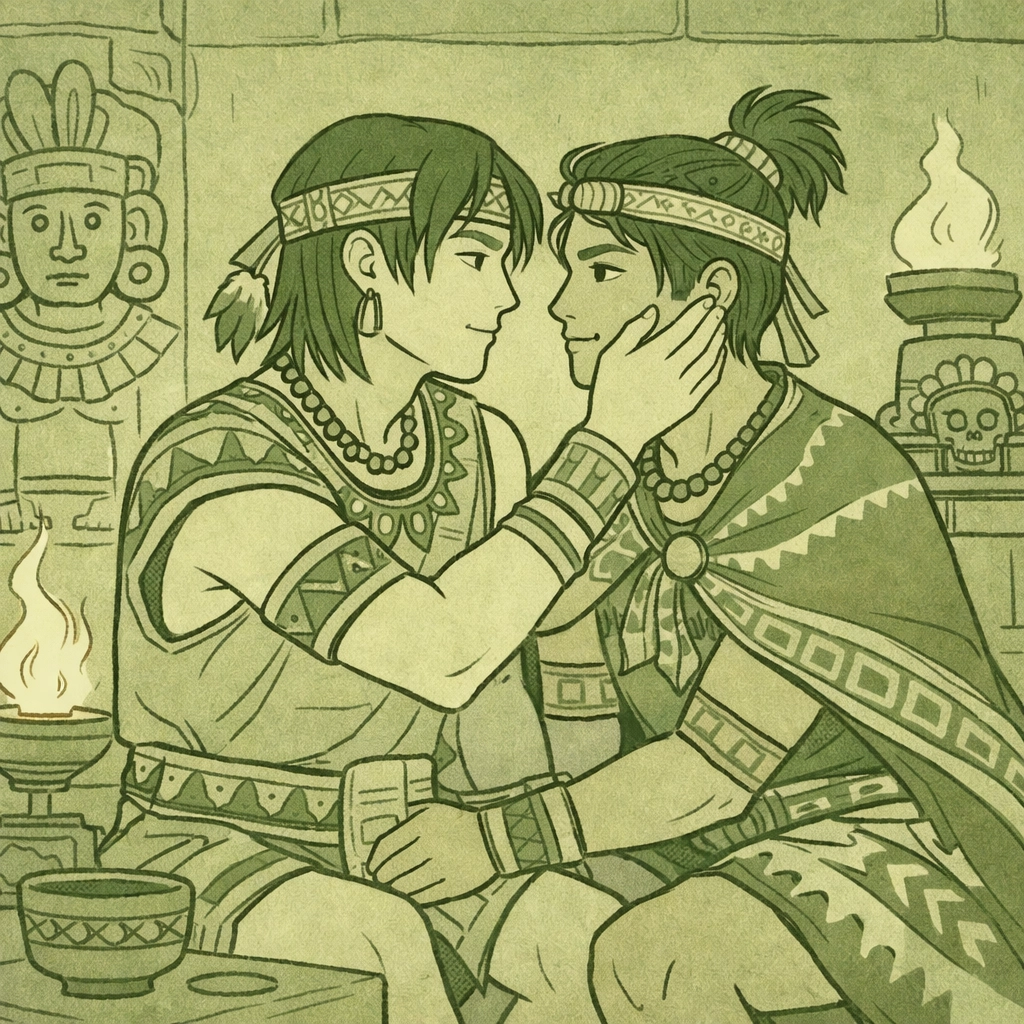 Intimate moment between two Aztec men in temple chamber - gay historical romance illustration