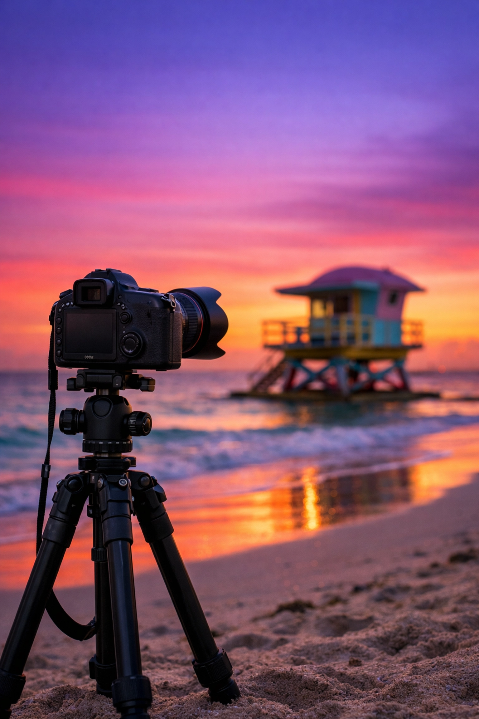 Professional camera gear on South Beach during sunrise at an iconic Miami beach photography spot.