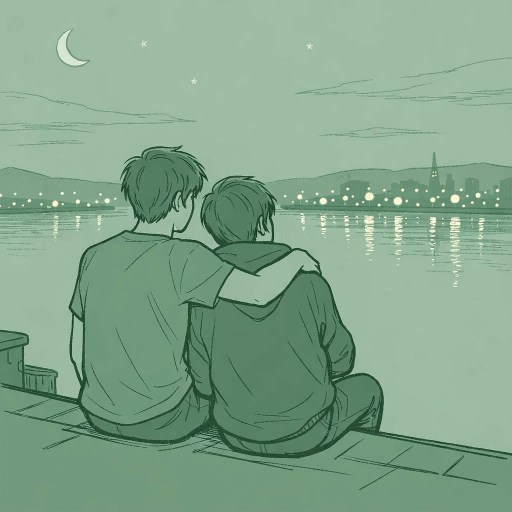 Gay couple on rooftop overlooking Strait of Gibraltar contemplating escape from Morocco