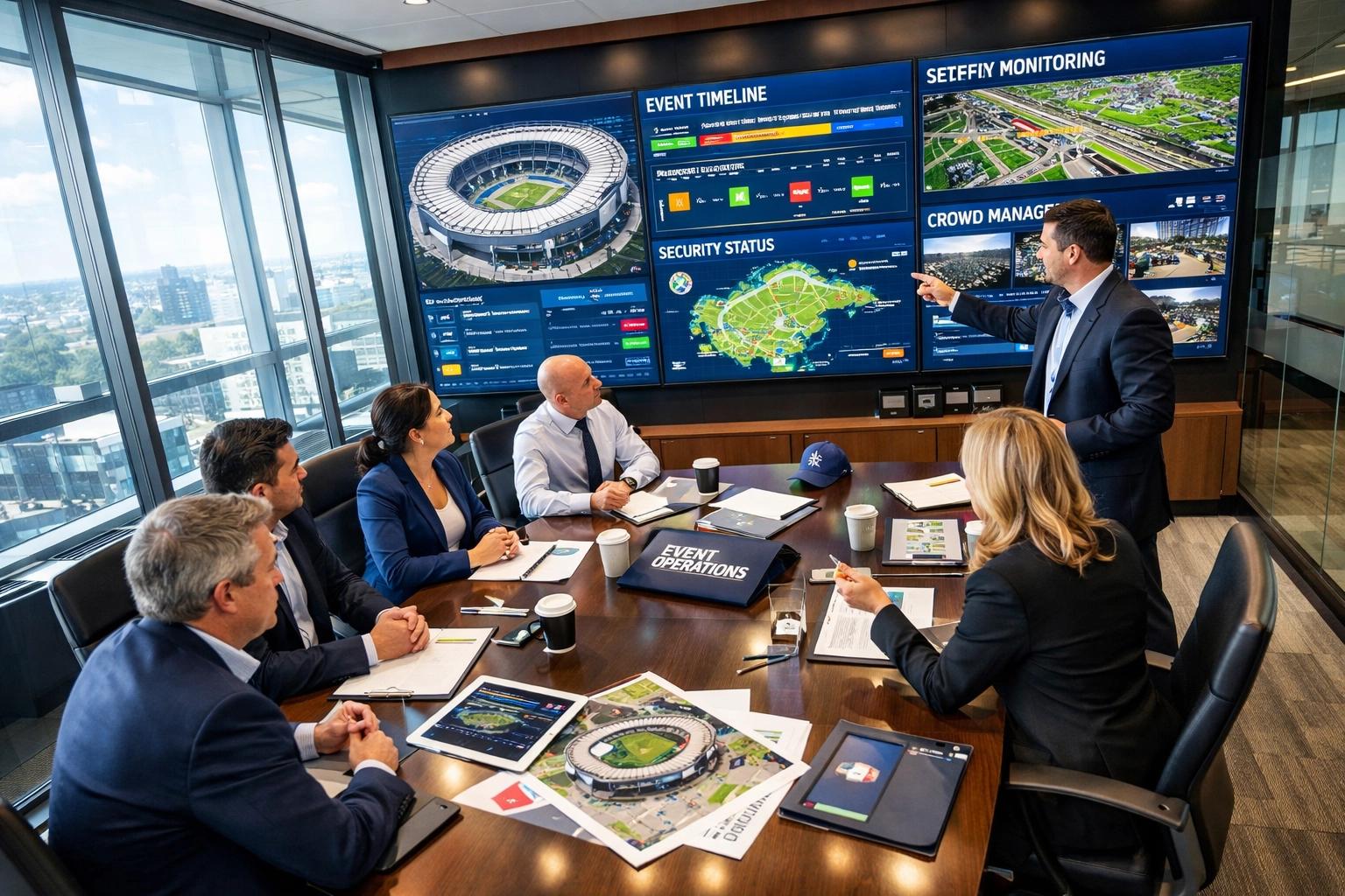 How to Transform Game Day Chaos Into Strategic Brand Wins: The Executive's Framework for Premium Sports Event Management Executives strategizing sports event management in modern corporate command center with digital displays
