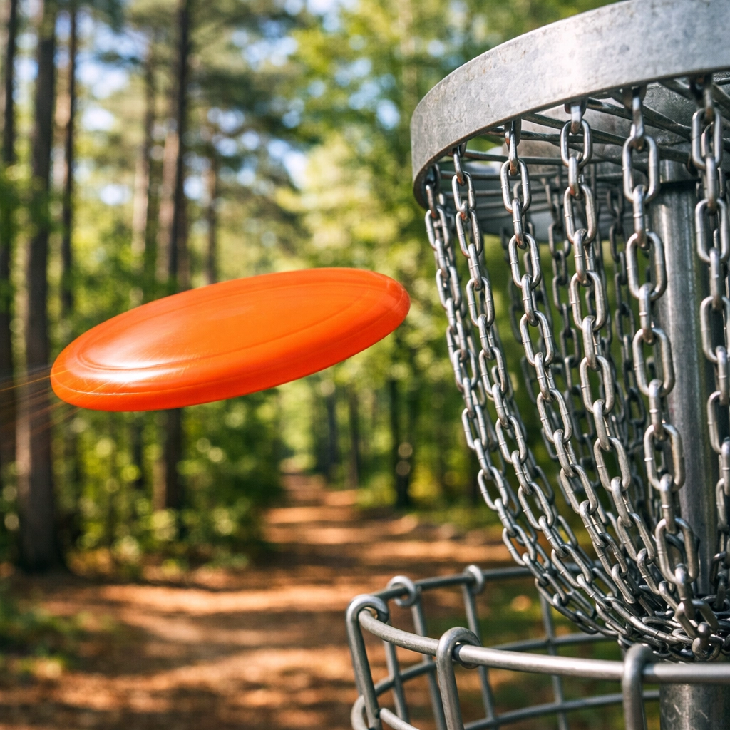 Disc golf disc hitting a basket at a scenic park in the Charlotte area.