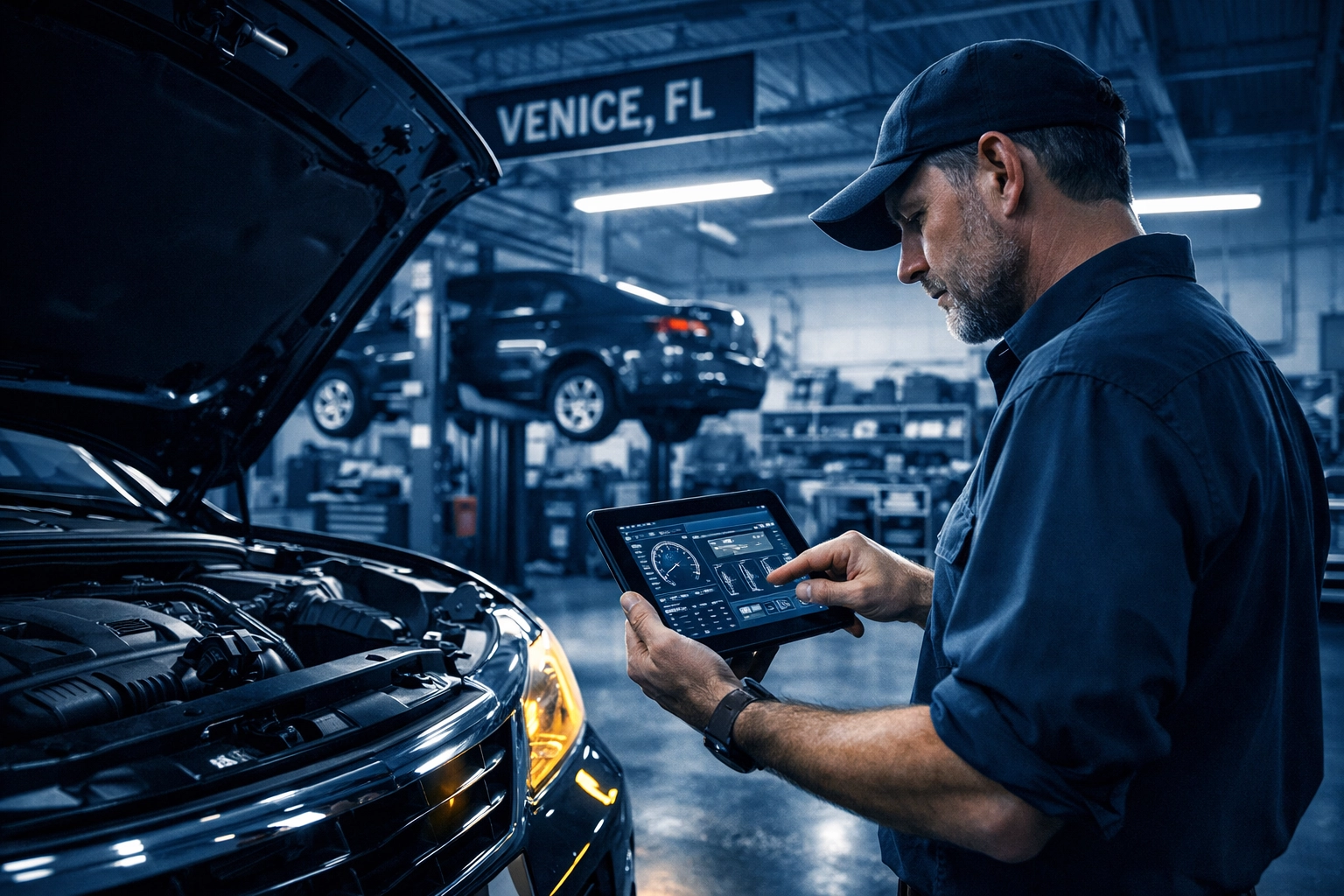 Mechanic at our Venice FL auto repair shop using a digital tablet to confirm engine diagnostic results.