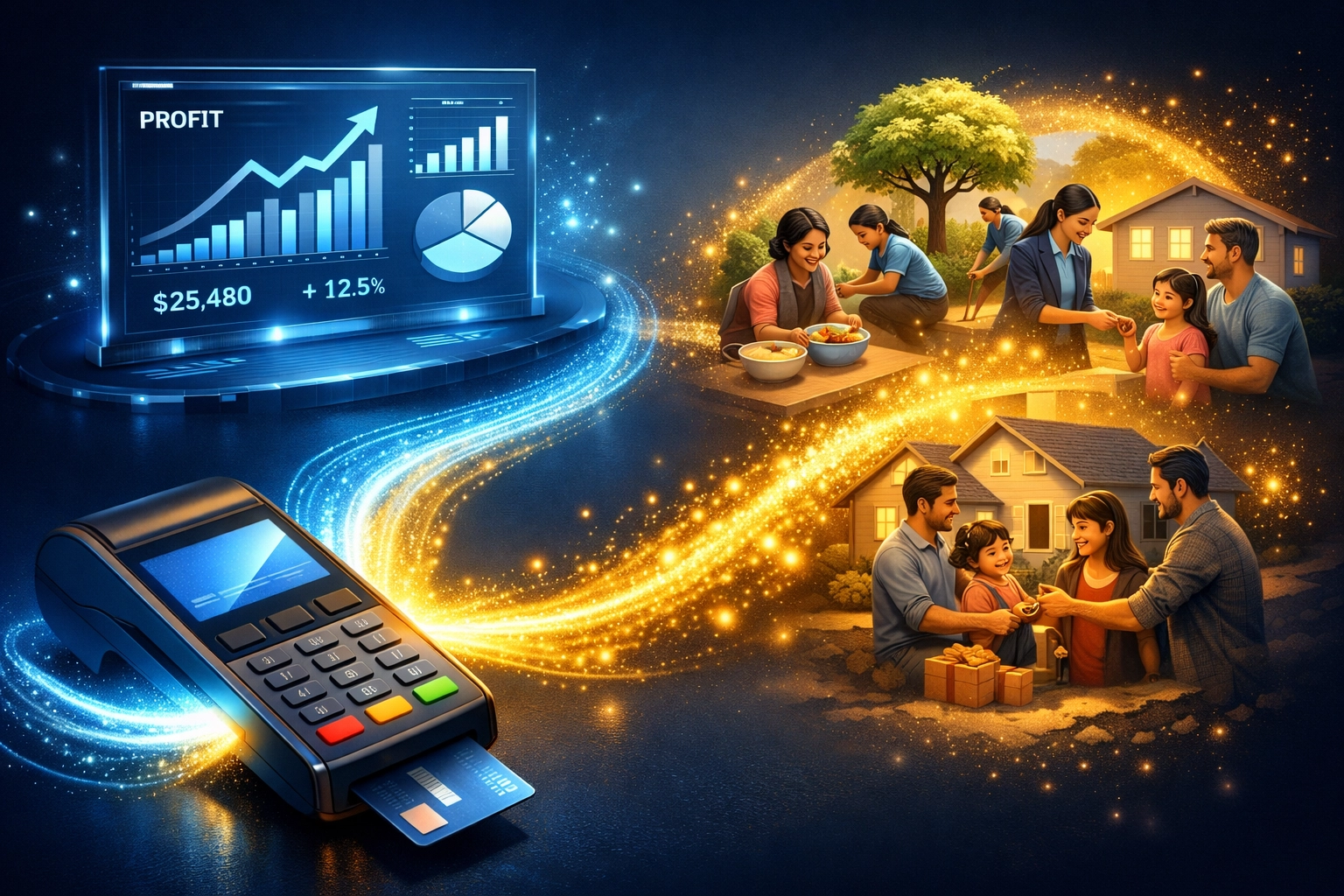 Larecoin payment flow splitting between business profits and charitable causes like feeding children