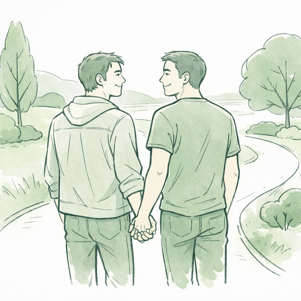 Two men holding hands while walking a scenic path, illustrating the pace of coming out later in life.