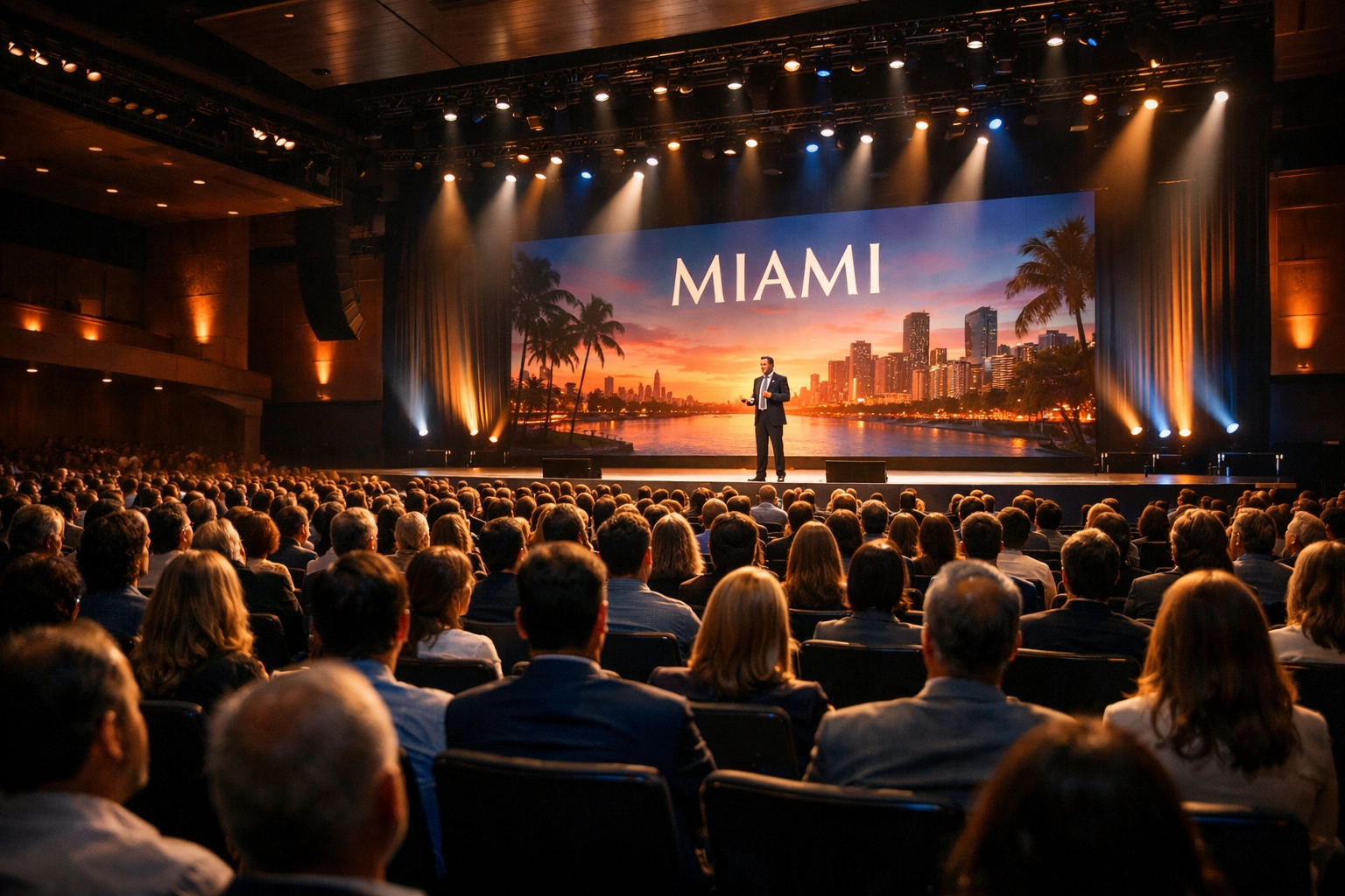 Wide-angle view of a professional conference photographer capturing a keynote speaker in a Miami auditorium.