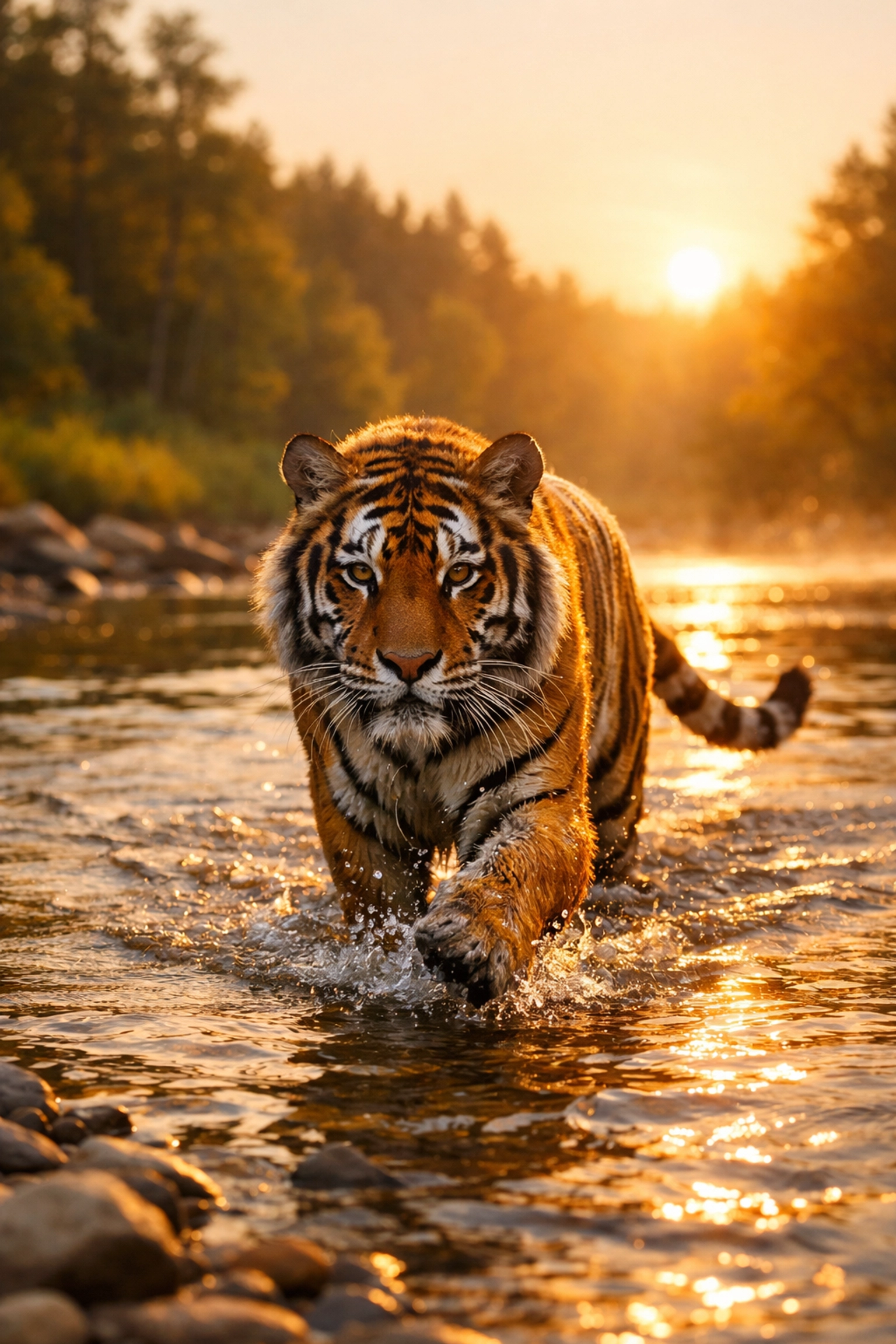 Tiger wading through a river at golden hour, ideal for conservation storytelling.