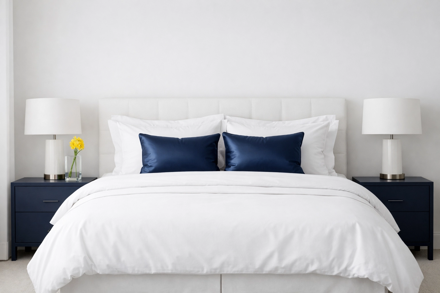 Serene master bedroom with navy blue decor and a yellow flower after bi-weekly house cleaning.