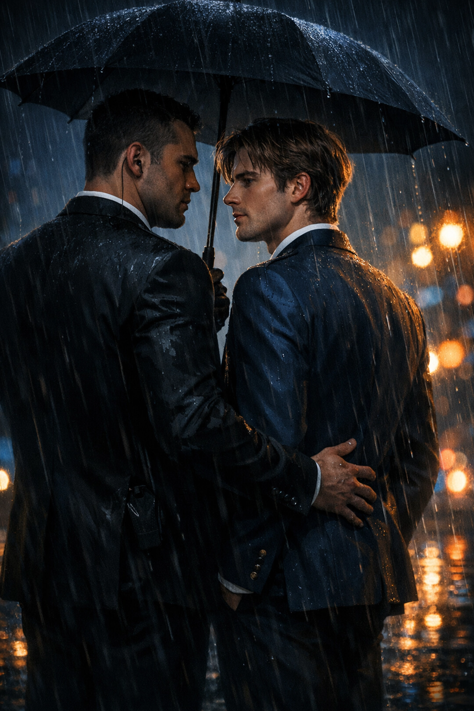 Modern mm romance scene of a bodyguard and prince sharing an umbrella in the rain.