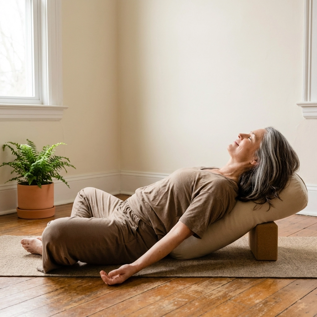 Calm midlife woman practicing reclining goddess pose with supportive props, illustrating perimenopause yoga modifications
