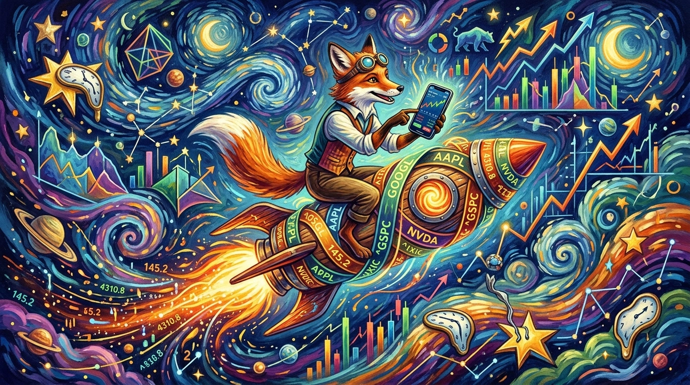 Surreal fox using a mobile trading app on a ticker rocket
