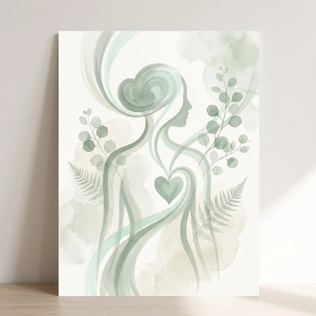 Minimalistic illustration of the mind-body connection, featuring a human figure with flowing green lines linking head and heart, representing holistic health.
