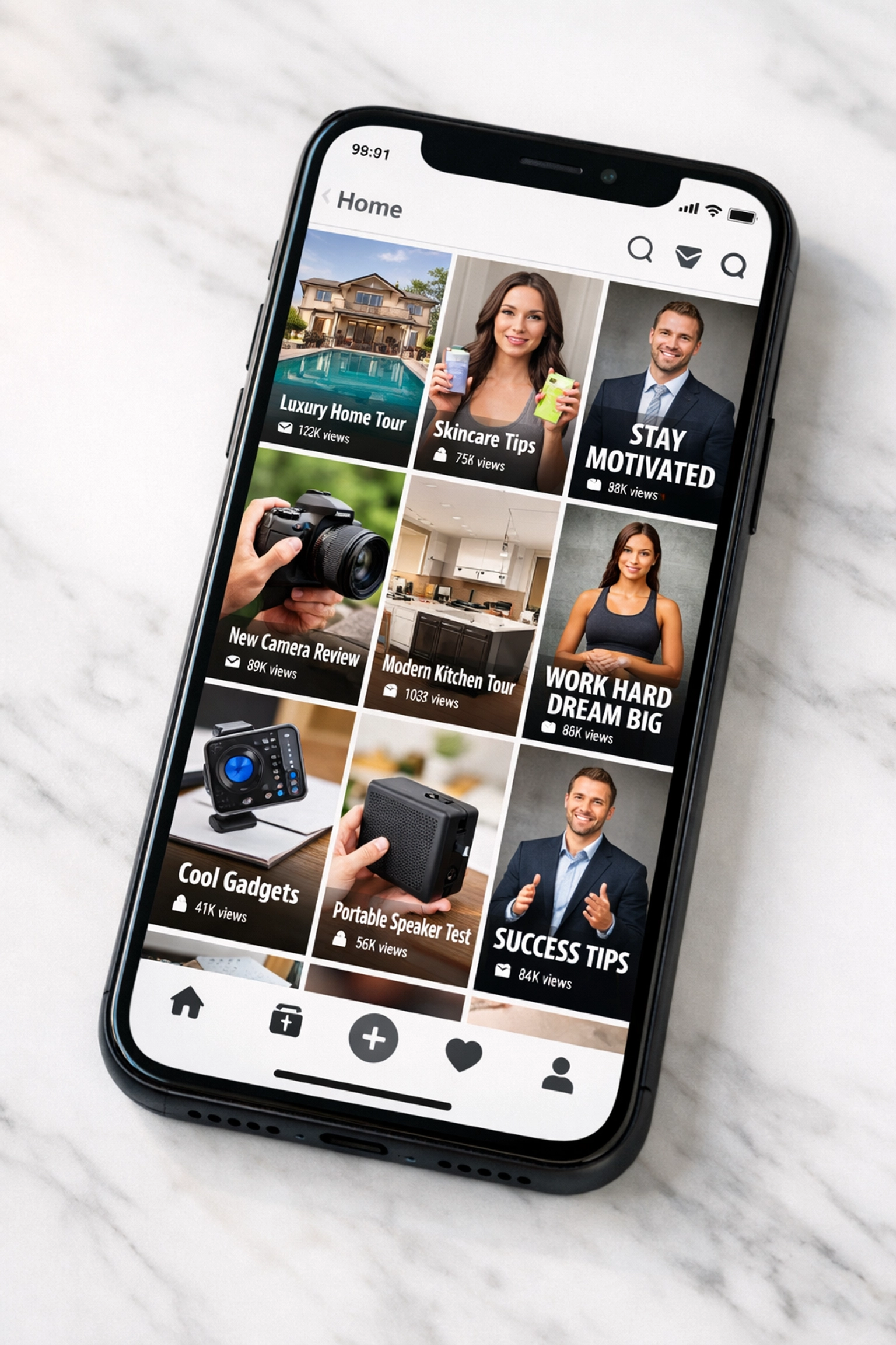 Smartphone displaying grid of professional social media videos for blog marketing and content creation
