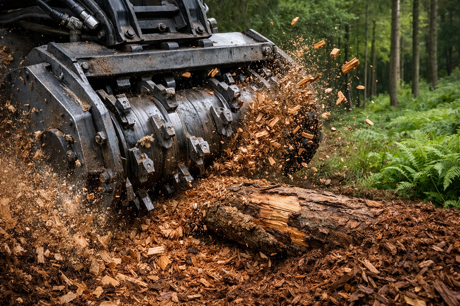 A forestry mulcher grinding logs into eco-friendly mulch, showcasing professional land management in action.