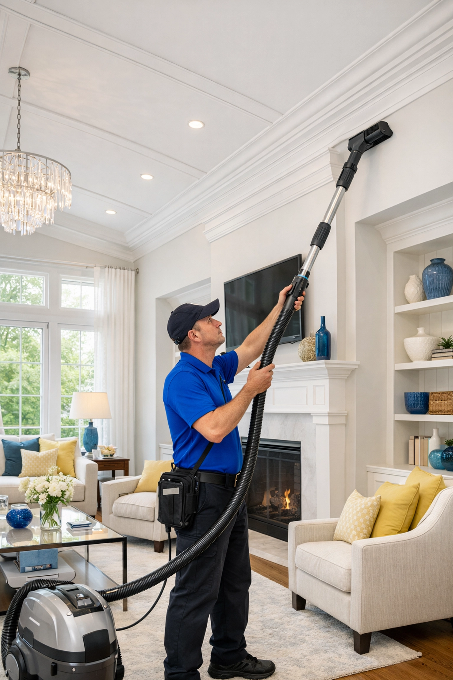 Expert performing professional post construction cleaning Franklin on high ceilings and crown molding.