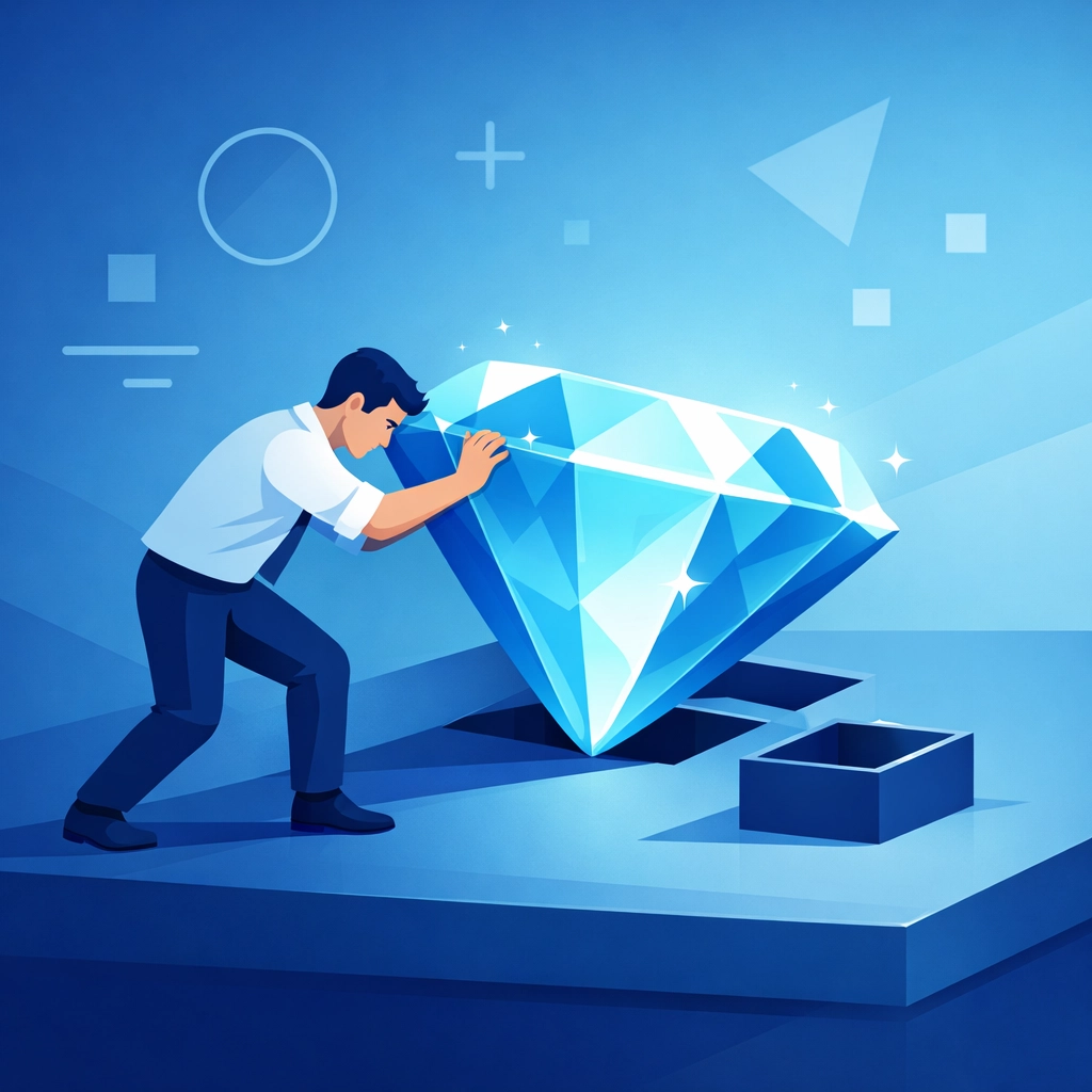 Illustration of a diamond being fitted into a square, symbolizing the limits of generic website templates.