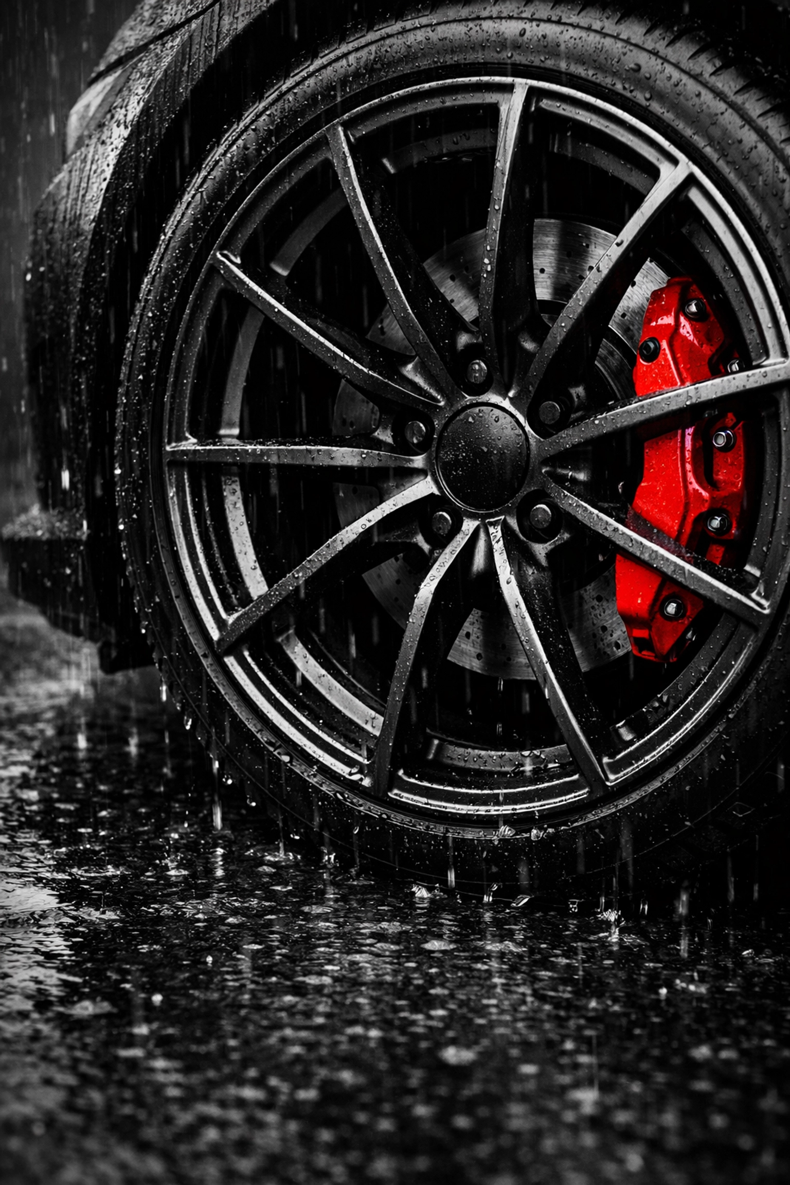 A close-up of a car wheel with red brake calipers, illustrating expert auto repair in Olympia, WA for older cars.