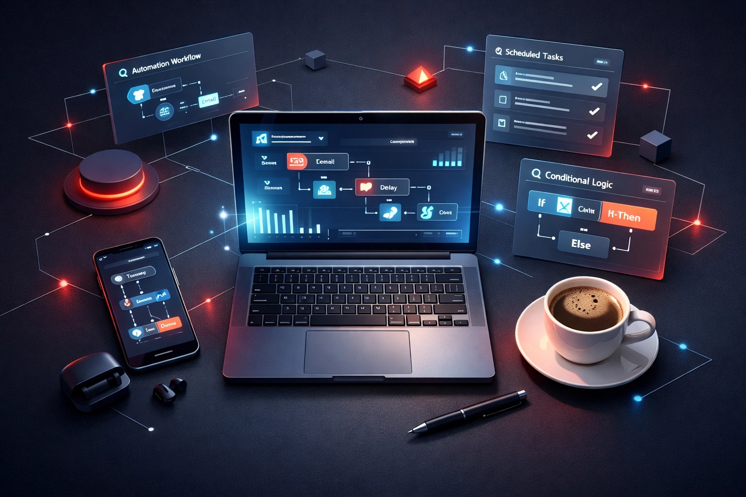 Modern workspace with automation software dashboard and digital workflow management tools