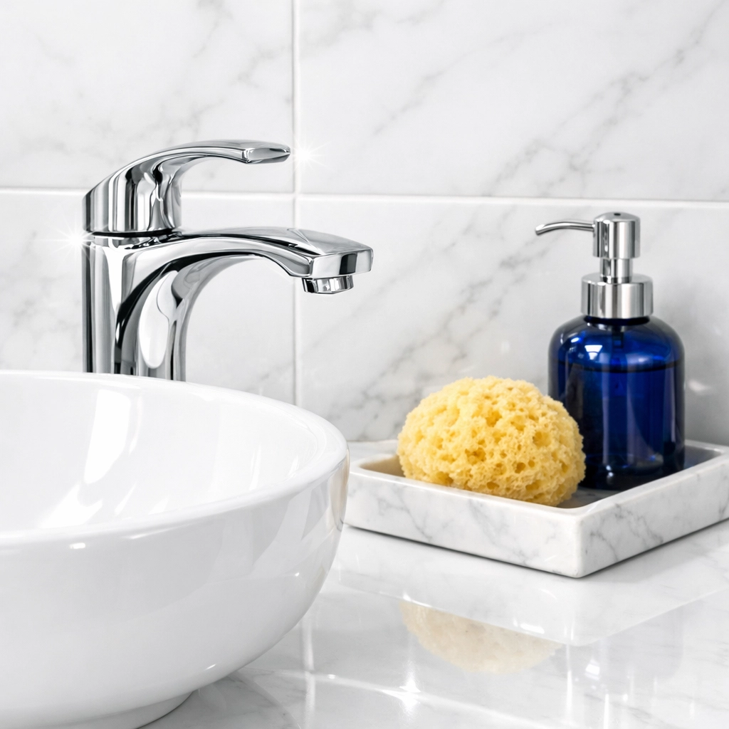 Sanitized bathroom vanity with clean grout lines from expert deep cleaning in Dedham MA.