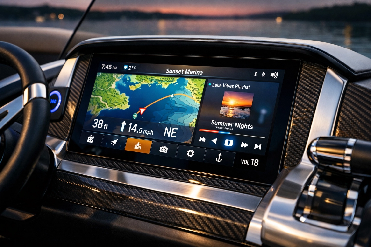 Modern pontoon boat accessories integrated into a high-tech digital helm touchscreen.