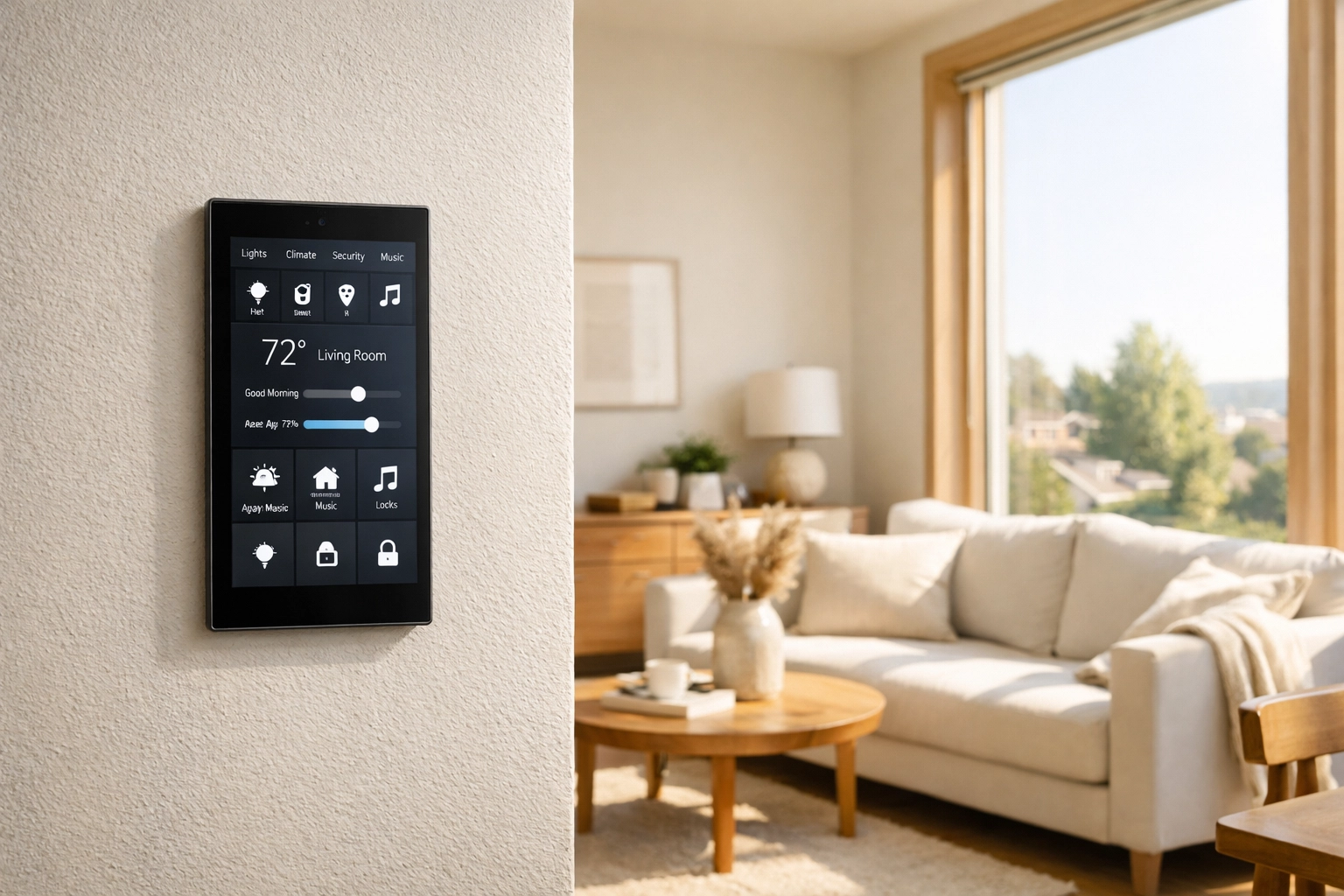 Sleek smart home automation hub mounted on the wall of a modern Portland Maine home.