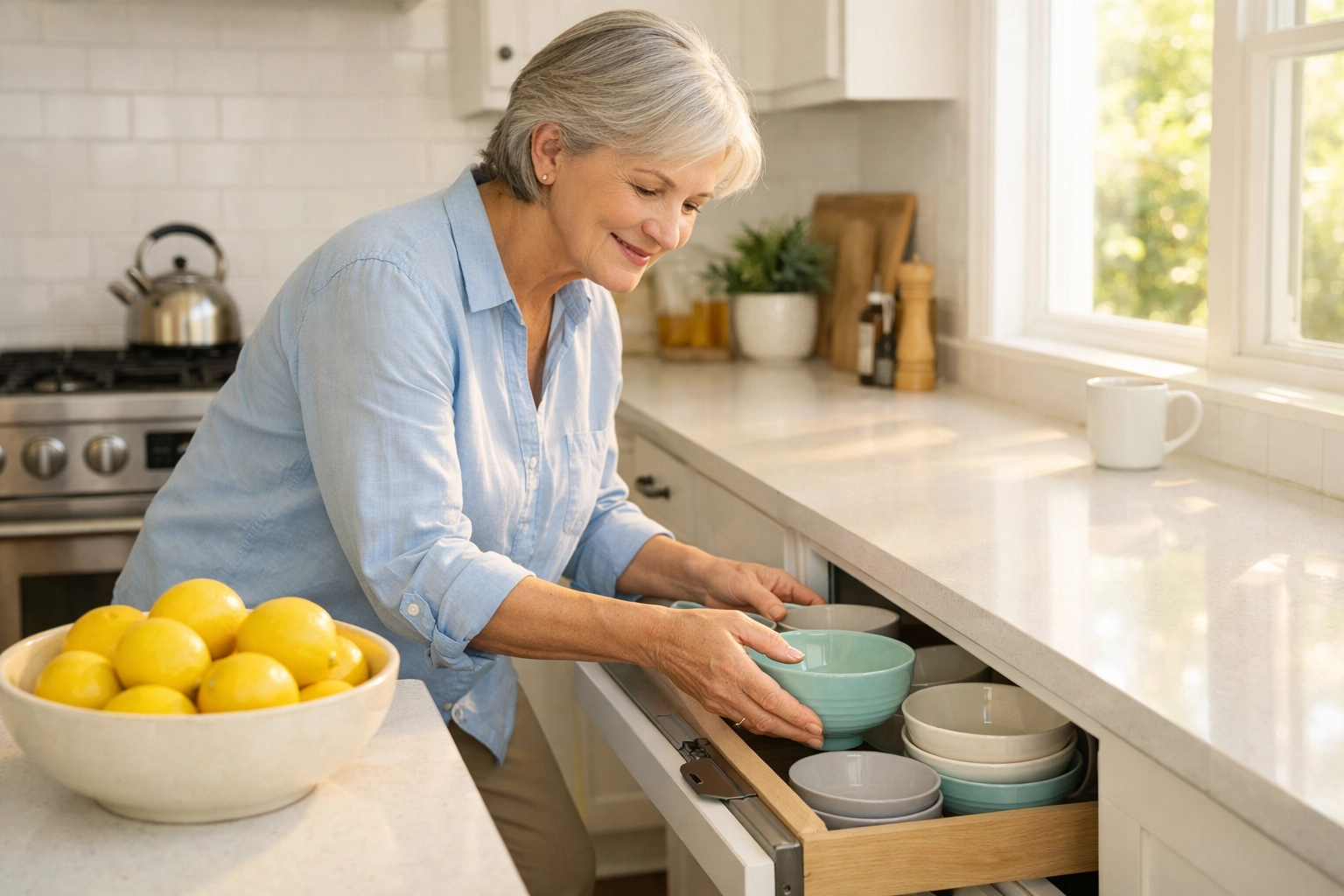Senior woman safely reaching for a bowl on an accessible kitchen shelf to prevent falls.