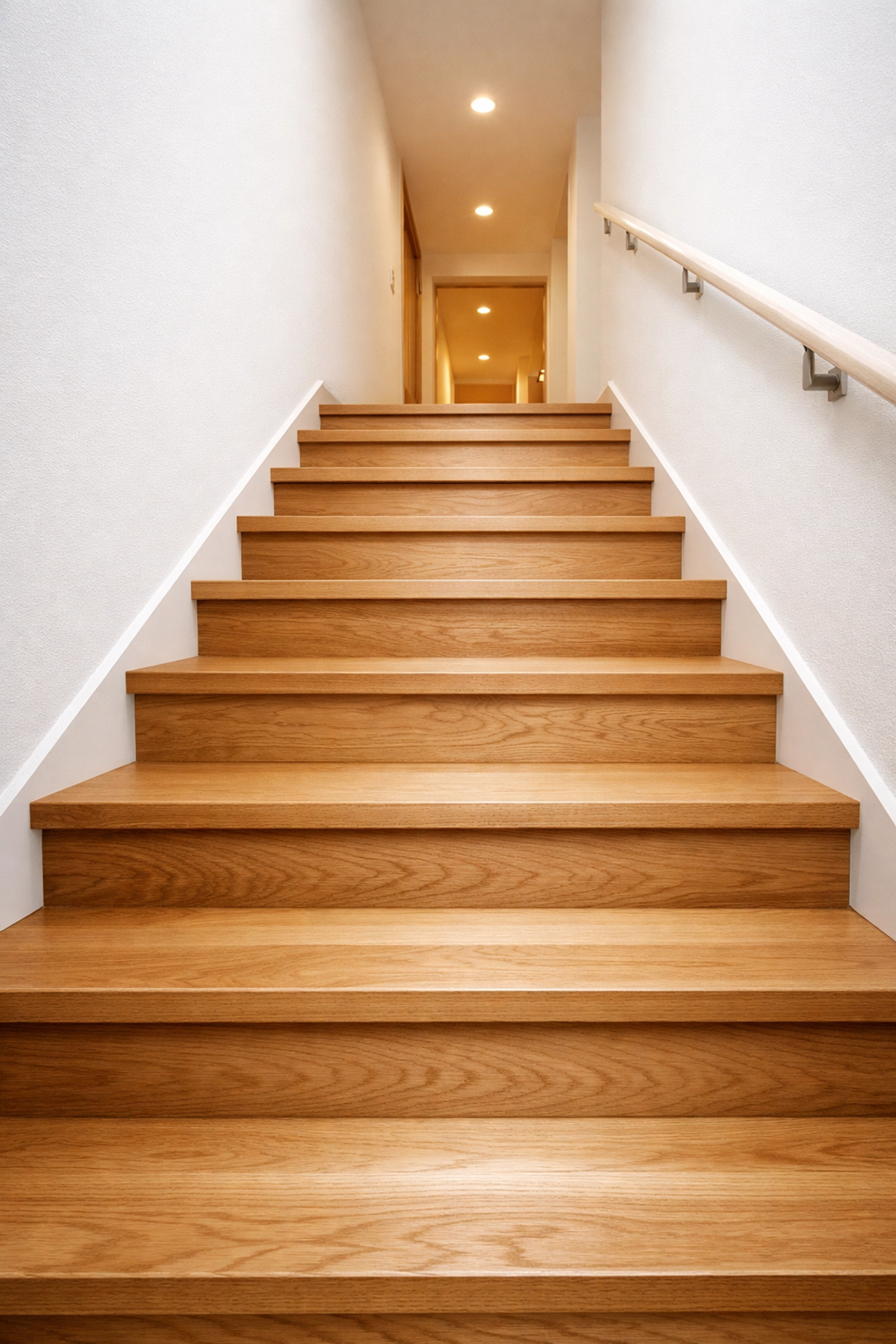 Uniform wooden staircase showing safe riser height and tread depth for consistent indoor footing.