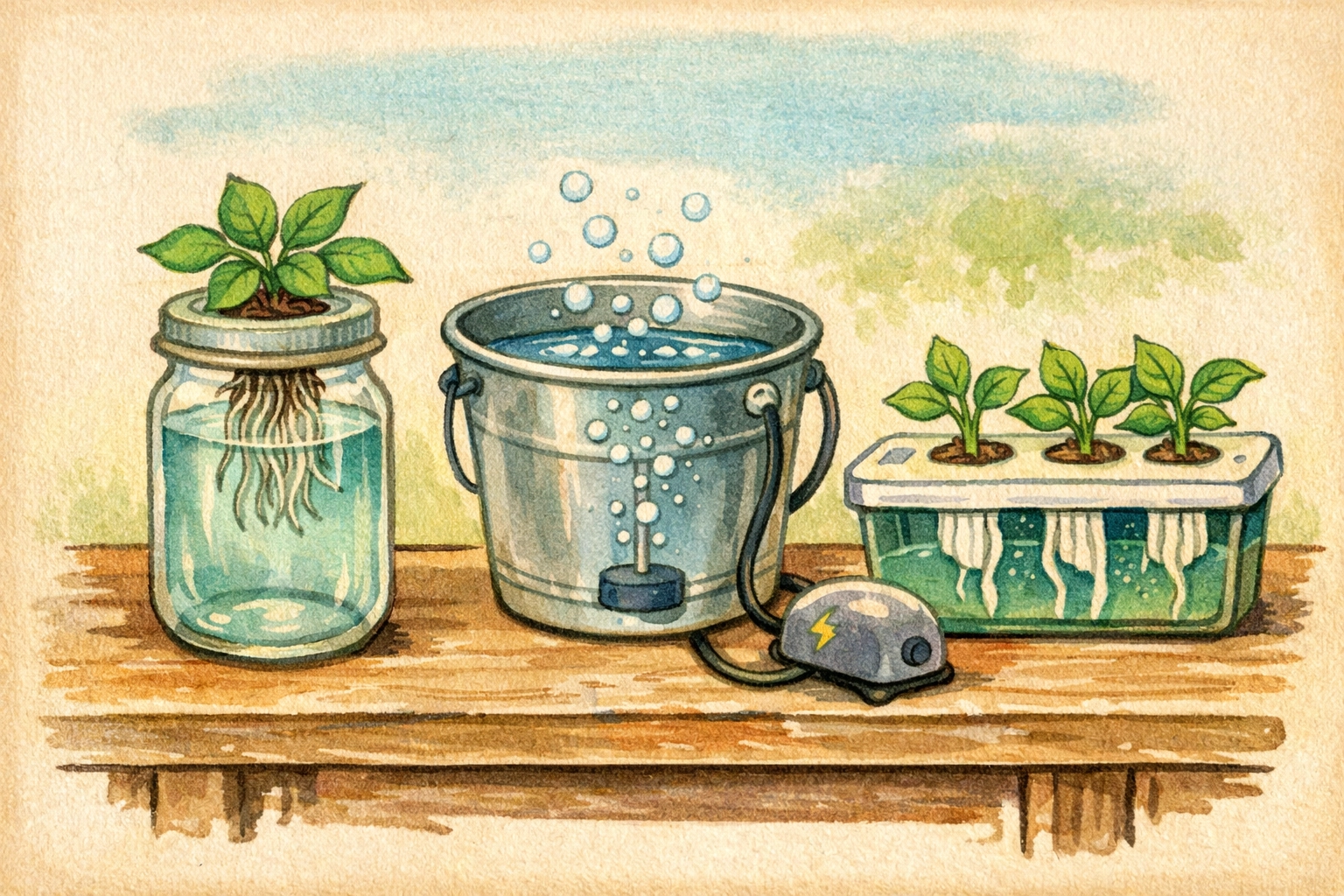 Three beginner hydroponic systems: mason jar, bucket DWC, and wick method