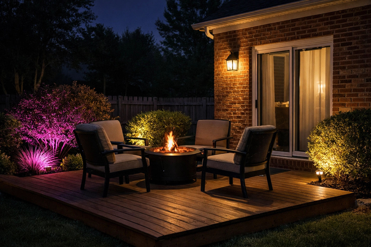 Suburban Lexington patio at night featuring a fire pit and smart landscape lighting for a perfect backyard vibe.