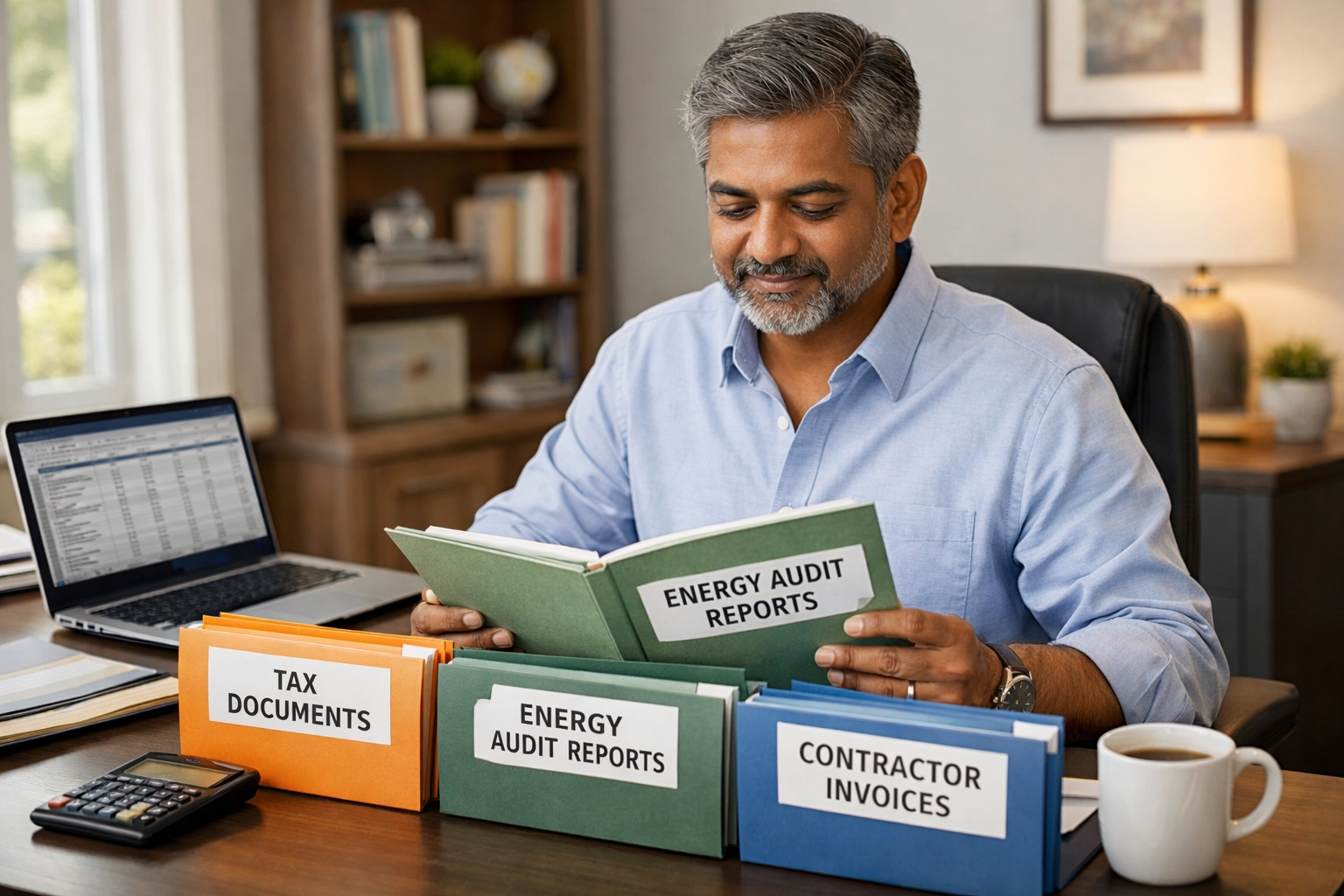 Small business owner organizing tax documents for clean energy credit claims
