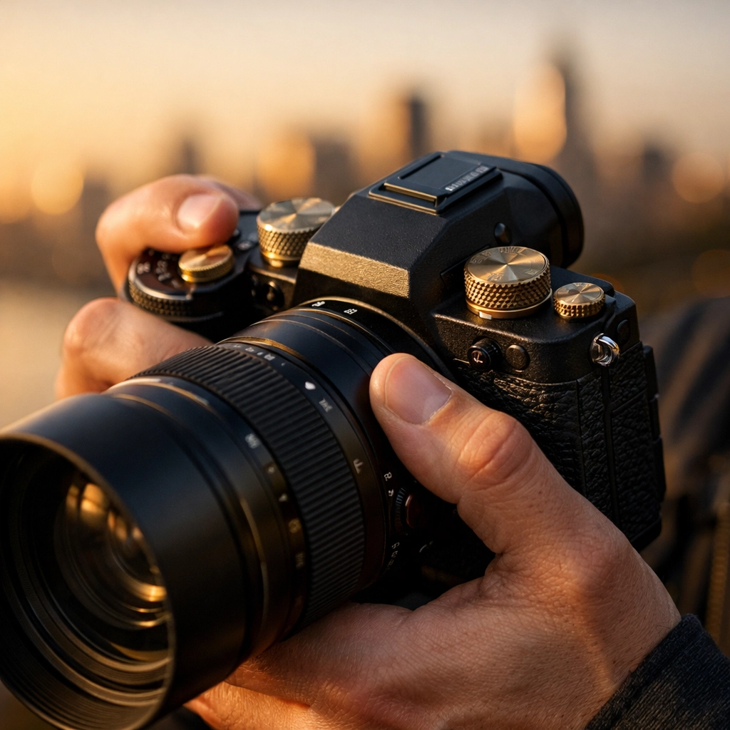 Photographer’s hands on the tactile dials of a mirrorless camera checking ergonomics for a gear upgrade.