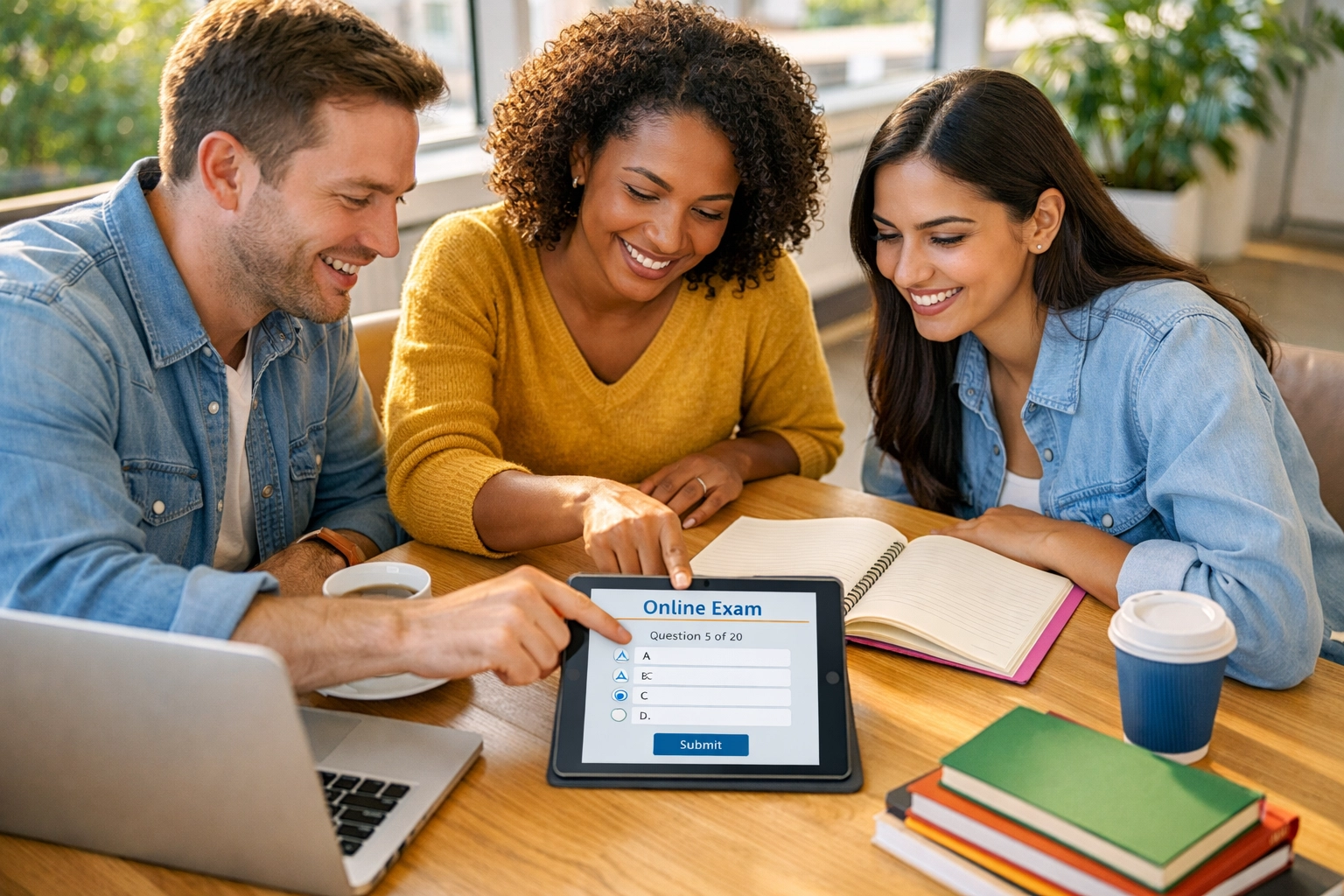 Adult students collaborating on CLEP exam preparation with study materials and laptops