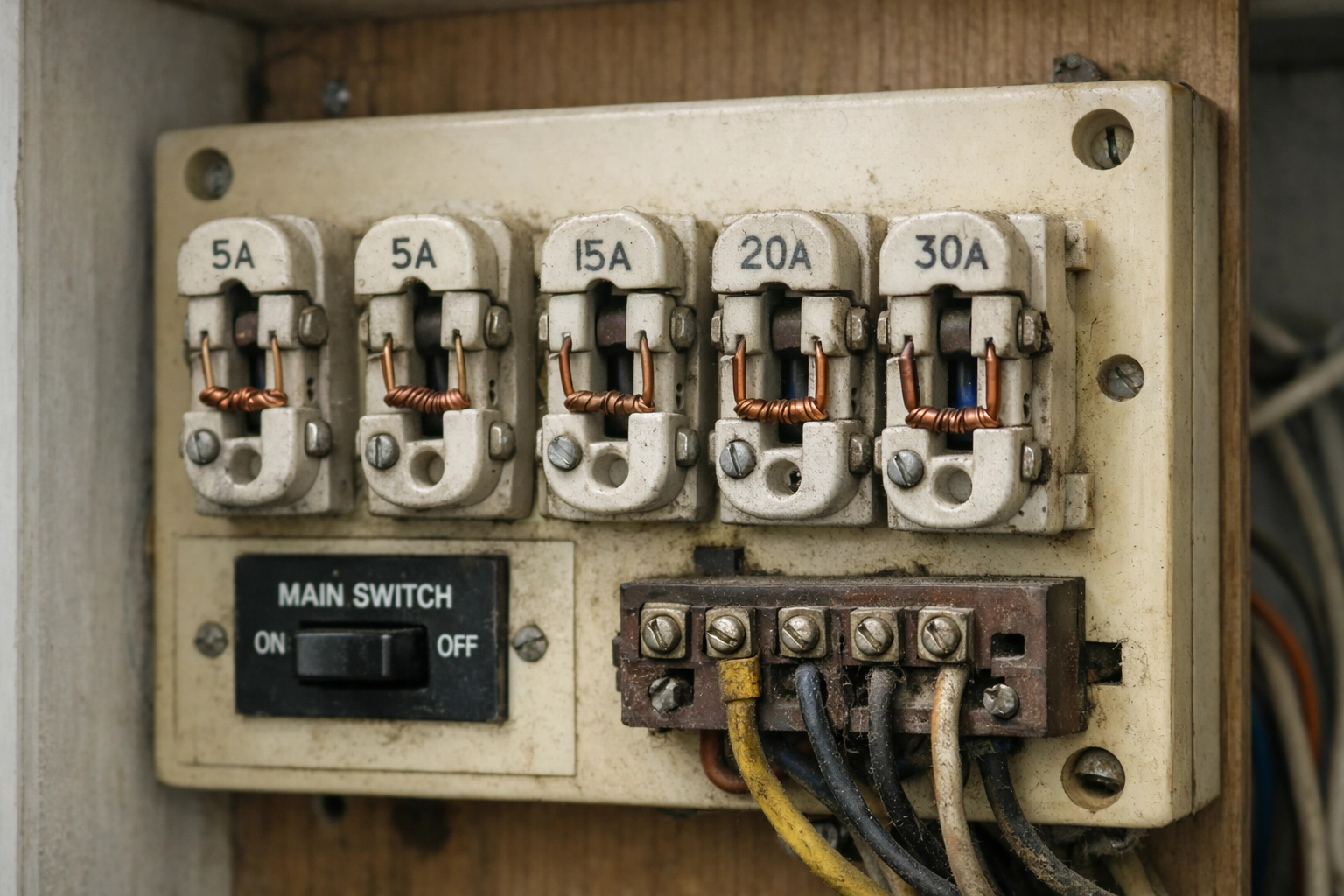 Old domestic fuse box with rewirable fuses; a common safety risk identified by electricians in Dorset.