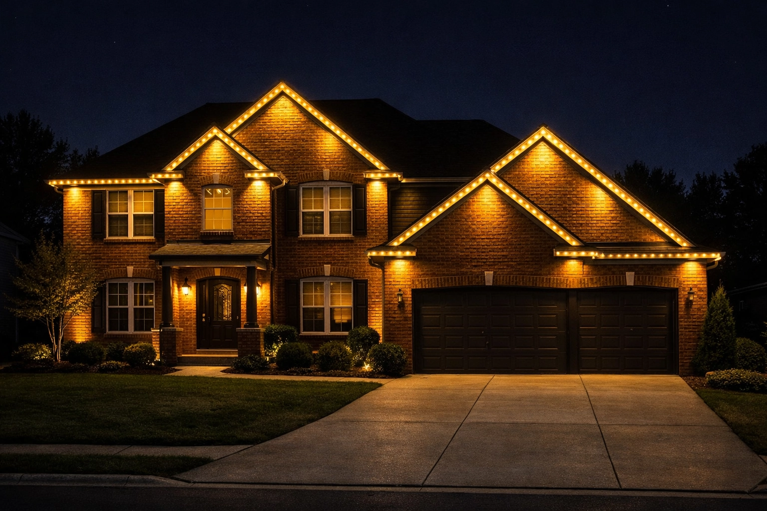 Permanent architectural roofline lighting on a traditional brick home in Lexington, Kentucky.