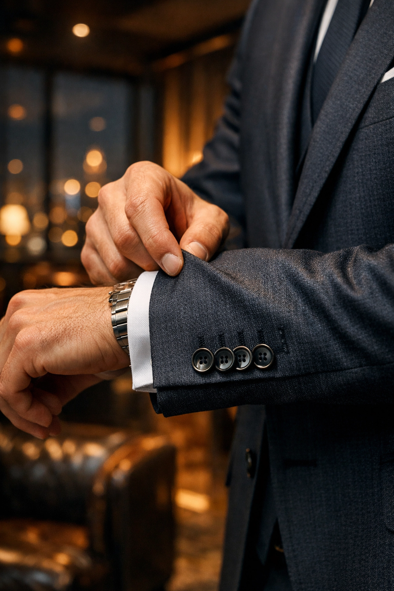 Executive adjusting a tailored suit, symbolizing the shift to high performance and professional excellence.